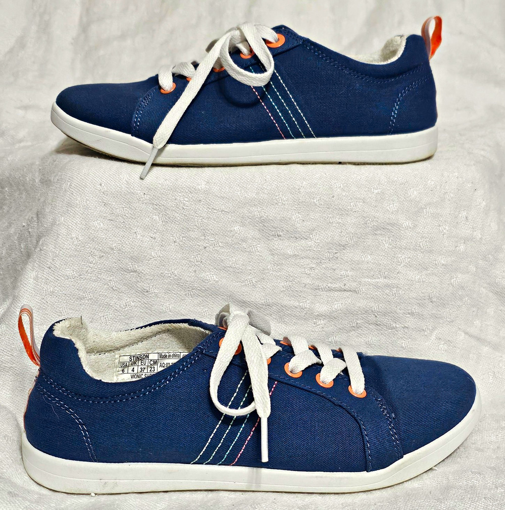 Vionic Beach Stinson Women's Navy Canvas Sneakers Orange Accent Size 6